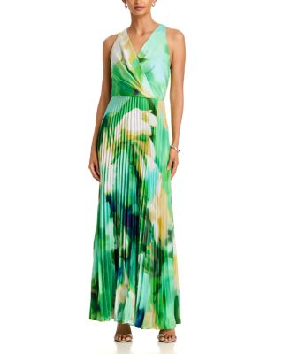 Printed Surplice Neck Pleated Gown - Exclusive