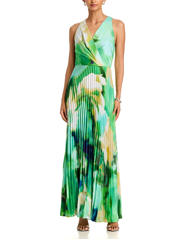Aqua Printed Surplice Neck Pleated Gown - Exclusive