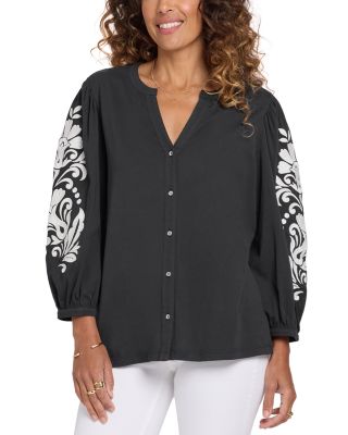 Embroidered Sleeve Split Neck Blouse
