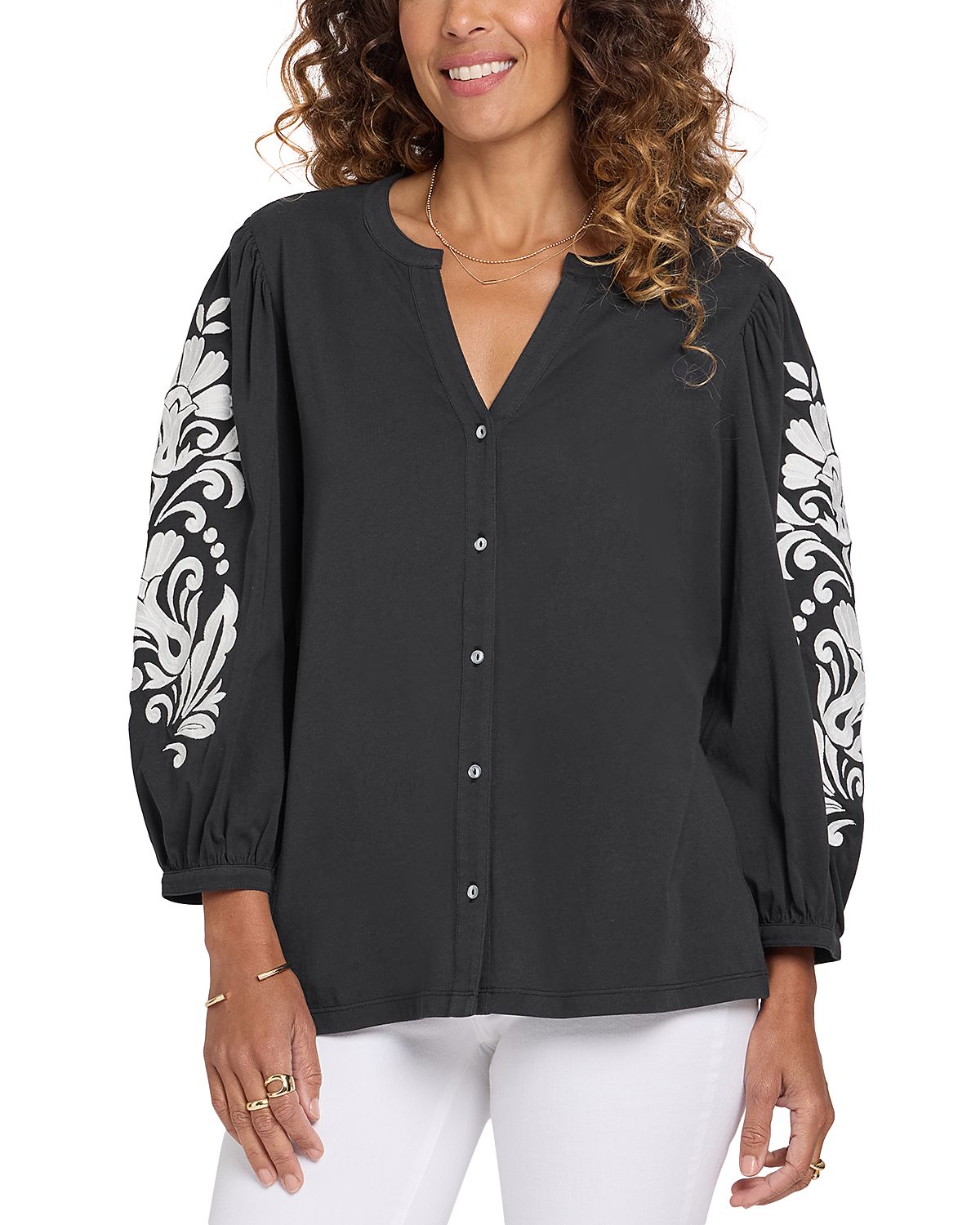 Nydj Embroidered Sleeve Split Neck Blouse