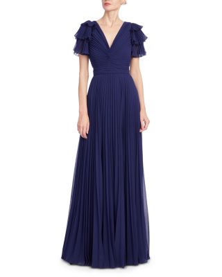 Badgley Mischka Pleated Ruffle Sleeve Gown