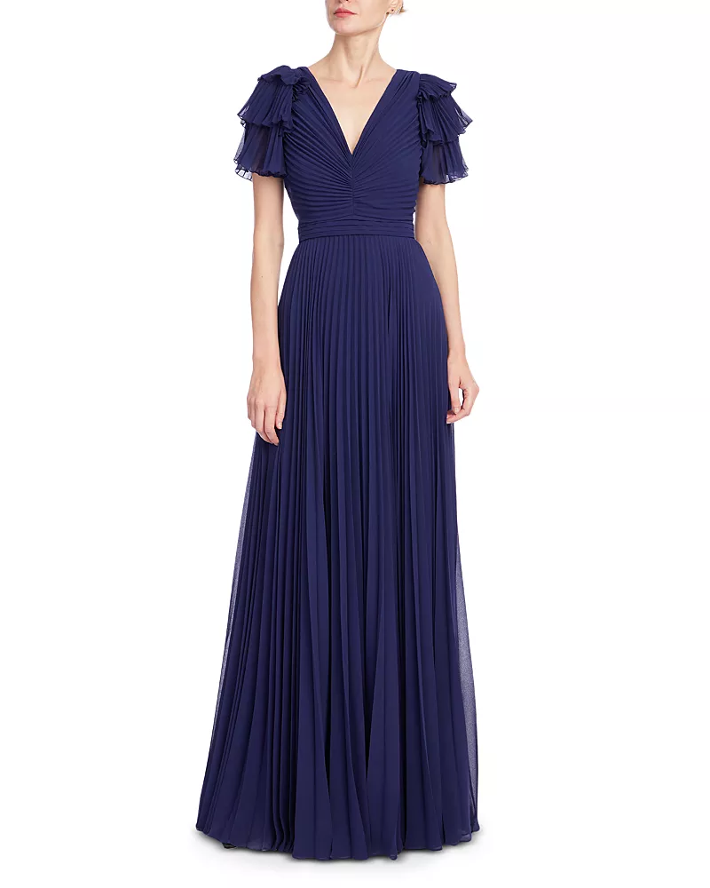 Badgley Mischka Pleated Ruffle Sleeve Gown
