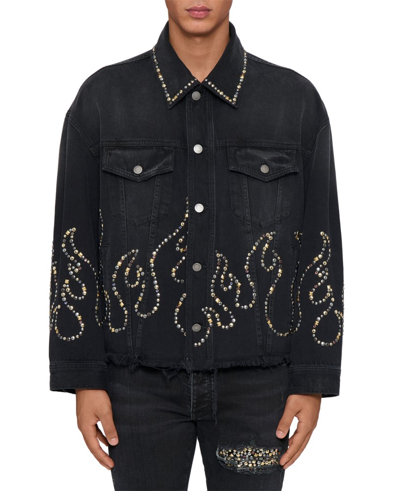Amiri Stud Flame Cotton Trucker Jacket in Vintage Black