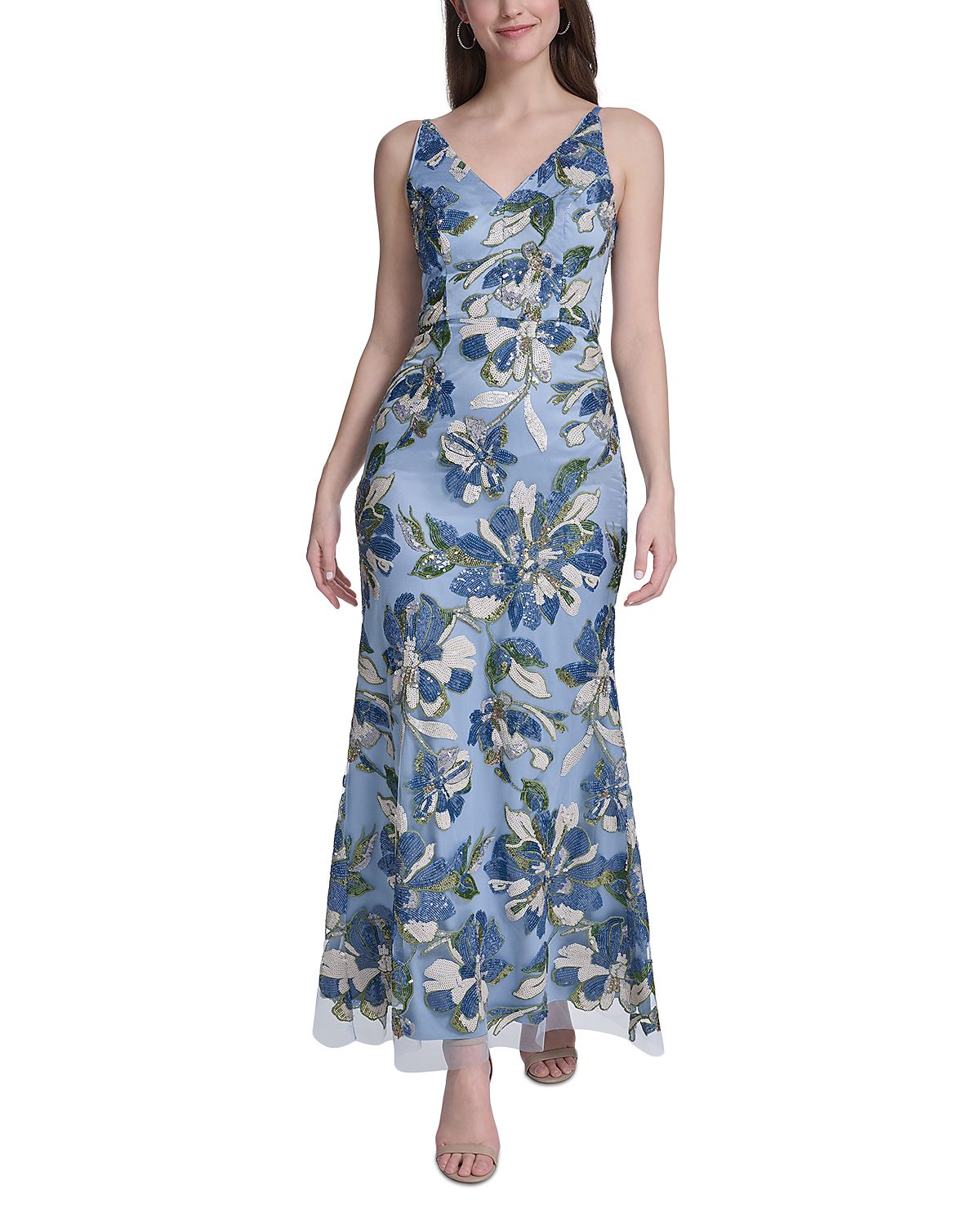 Eliza J Printed V Neck Mermaid Gown