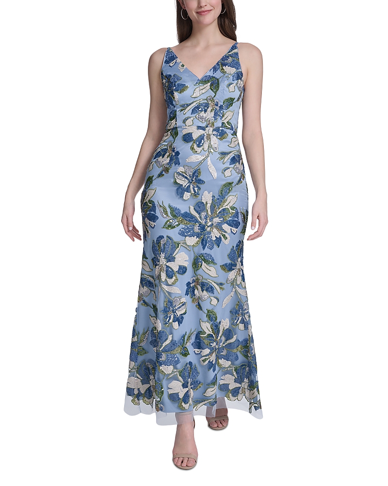 Eliza J Printed V Neck Mermaid Gown