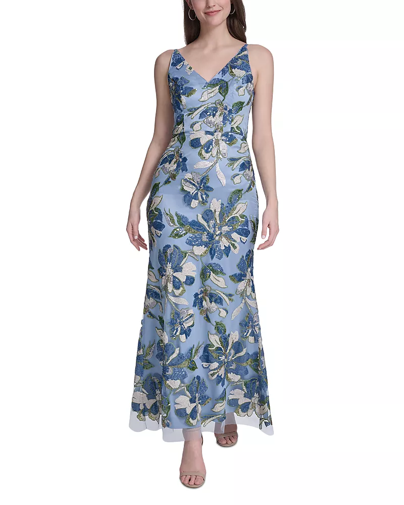 Eliza J Printed V Neck Mermaid Gown