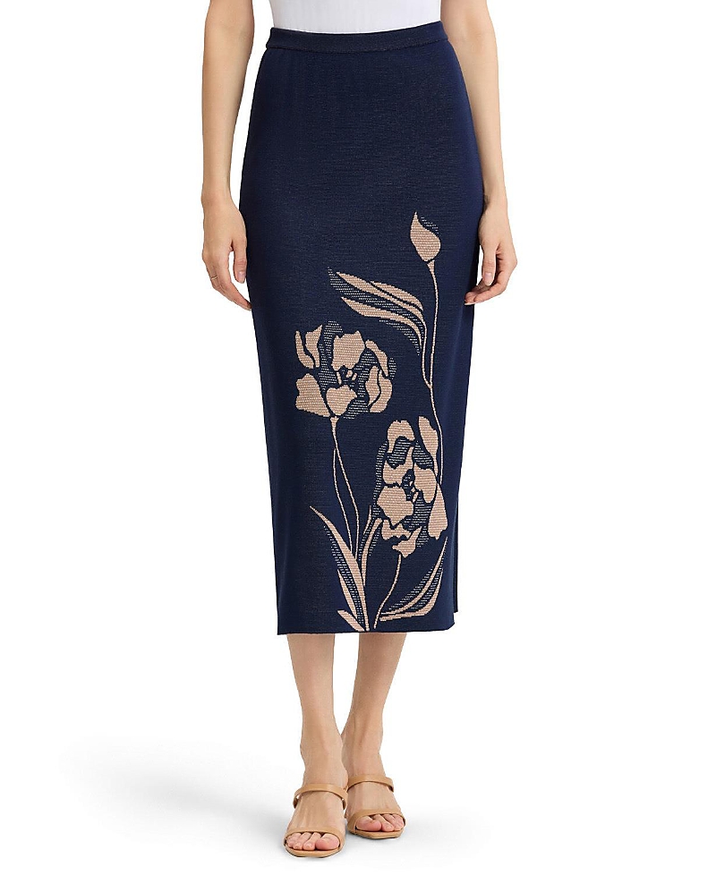 Ming Wang Straight Floral Jacquard Soft Knit Maxi Skirt