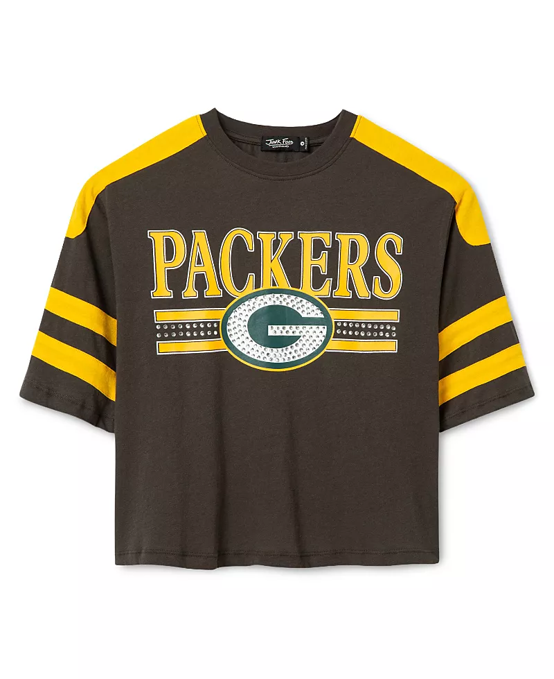 Junk Food Clothing Women's Green Bay Packers Striped Bling Crop Tee