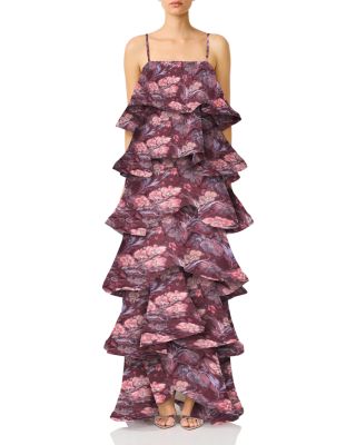 Elliatt Rosaria Printed Ruffle Tiered Gown In Plum Multi