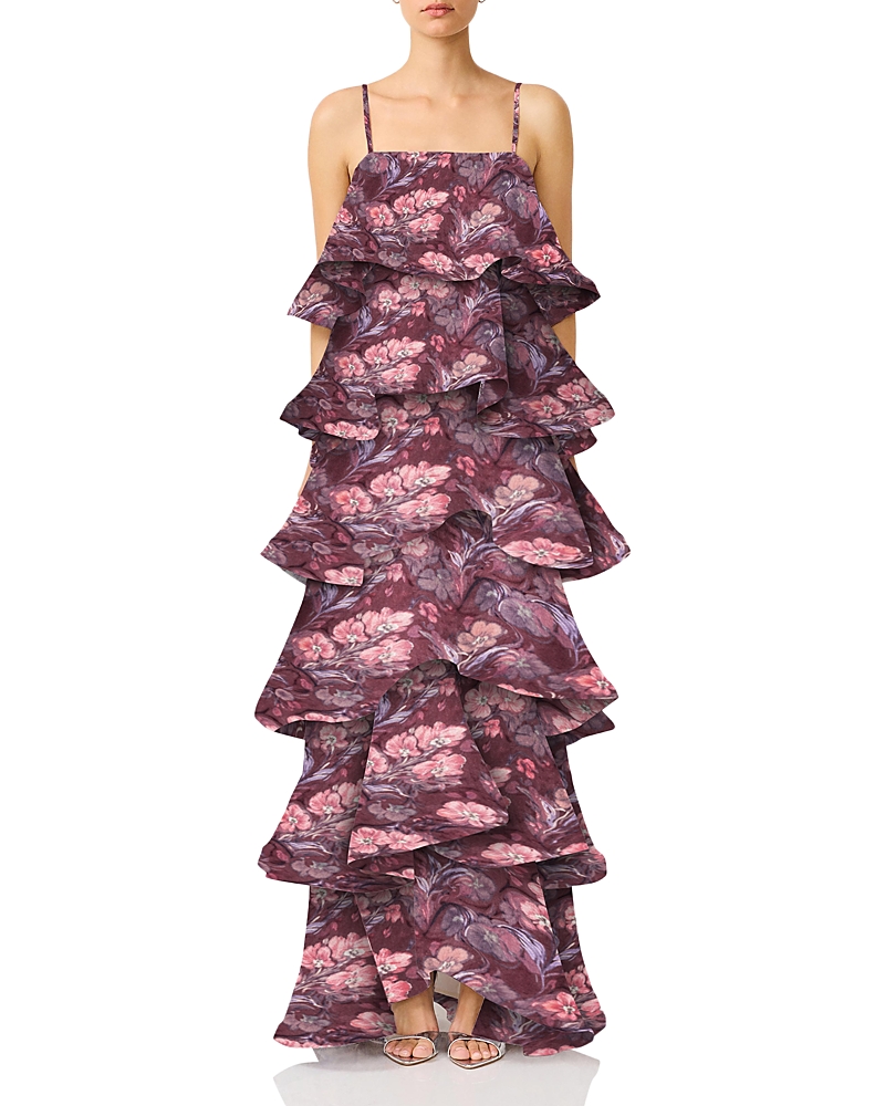 Elliatt Rosaria Printed Ruffle Tiered Gown In Plum Multi