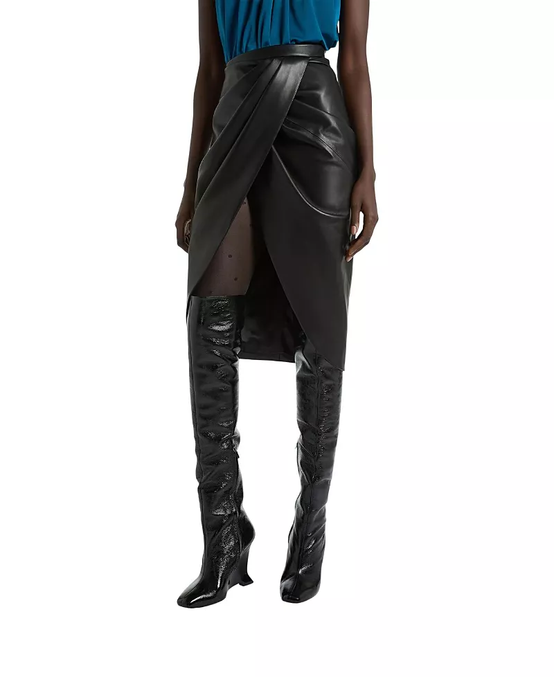 Balmain Draped Lambskin Midi Skirt