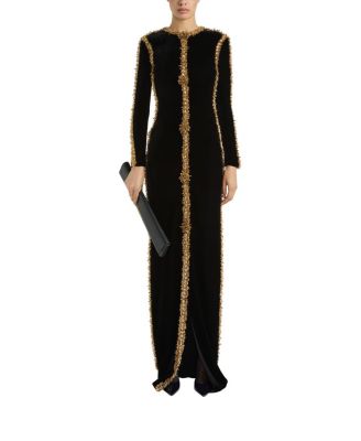 Balmain Long Velvet Dress with Embroidered Trim