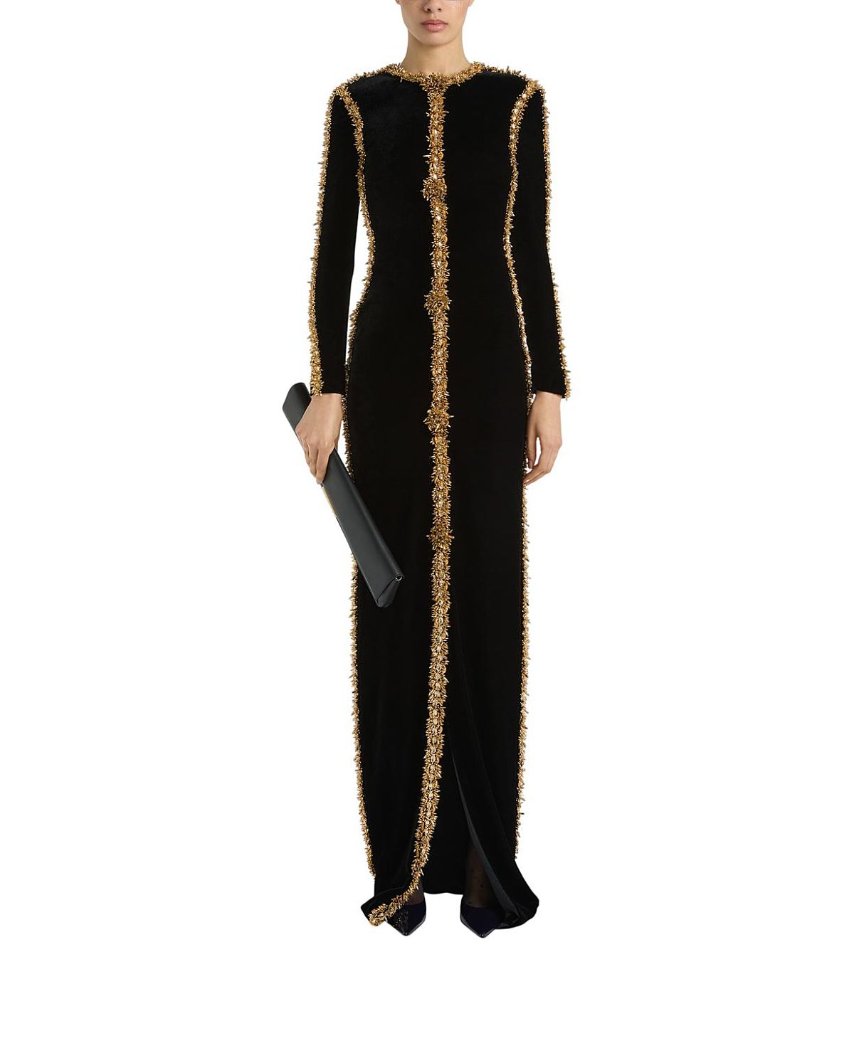 Balmain Long Velvet Dress with Embroidered Trim