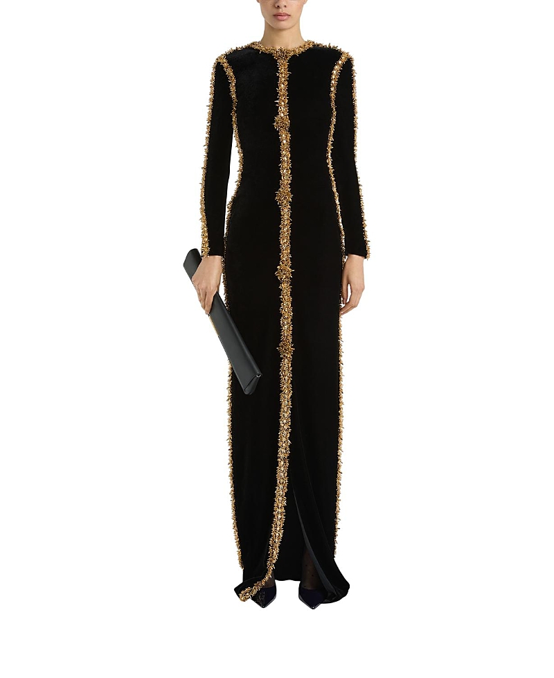 Balmain Long Velvet Dress with Embroidered Trim