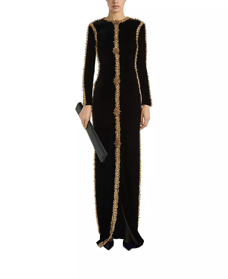 Balmain Long Velvet Dress with Embroidered Trim