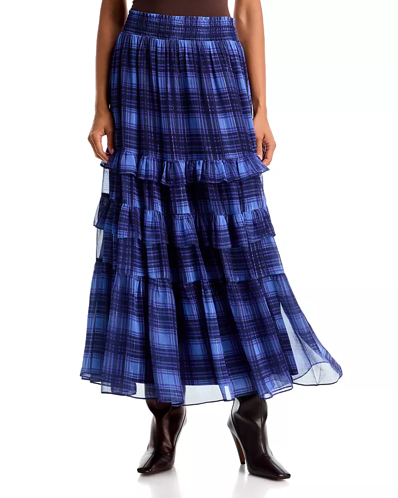 Aqua Plaid Ruffled Tiered Maxi Skirt - Exclusive
