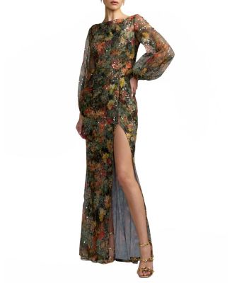 Floral Sequined Puff Sleeve Gown
