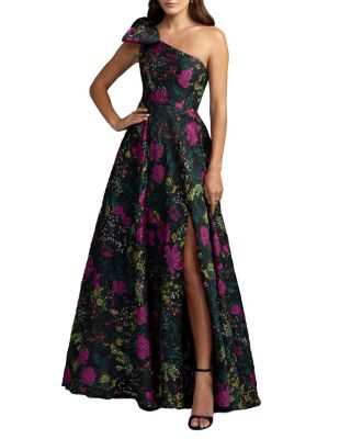 Petite One Shoulder Brocade Floral Gown With Bow