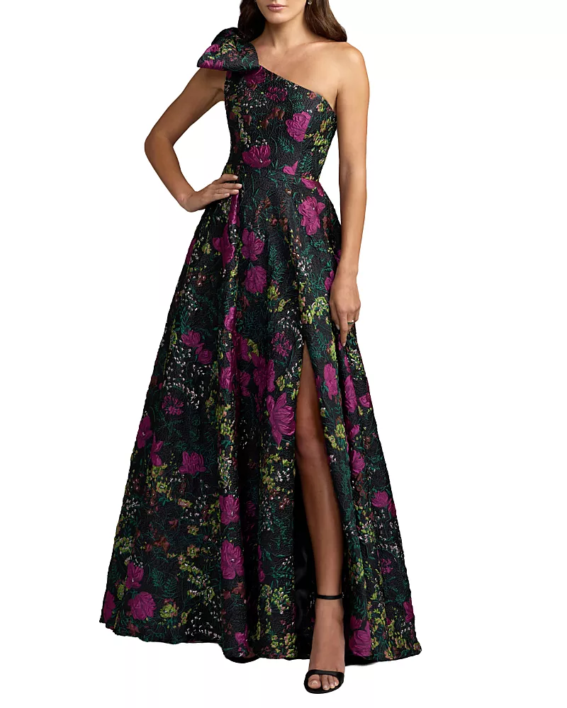 Mac Duggal One Shoulder Brocade Floral Gown With Bow