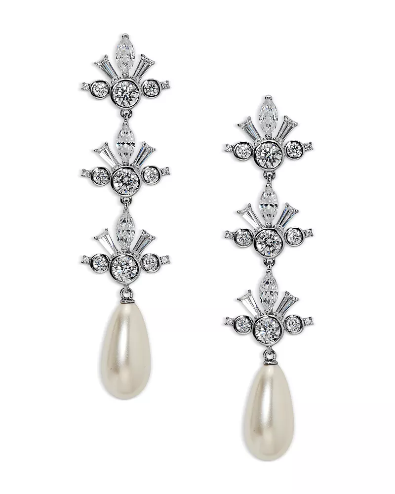 Nadri Cubic Zirconia & Imitation Pearl Under the Sea Triple Crown Drop Earrings