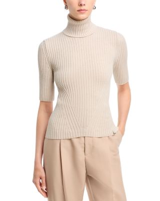 Turtleneck Short Sleeve Rib Knit Wool Sweater 