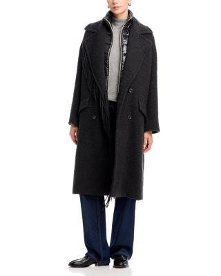 Fringed Teddy Boucle Knit Contrast Trim Coat 