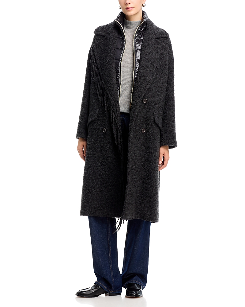 Herno Fringed Teddy Boucle Knit Contrast Trim Coat