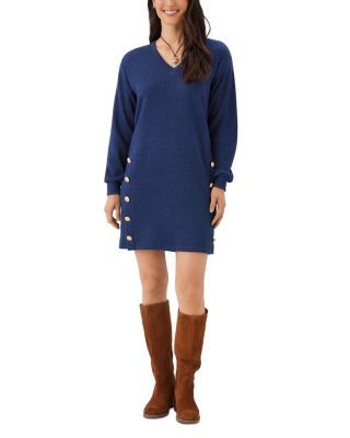 Long Sleeve V Neck Button Detail Dress
