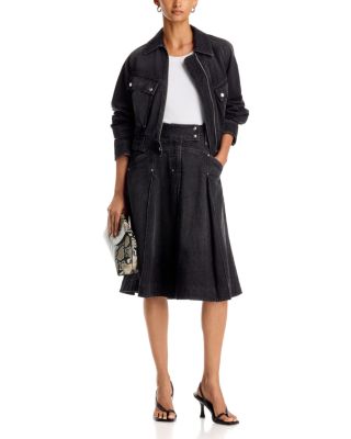Cropped Denim Bomber Jacket & Pleated Denim Midi Skirt
