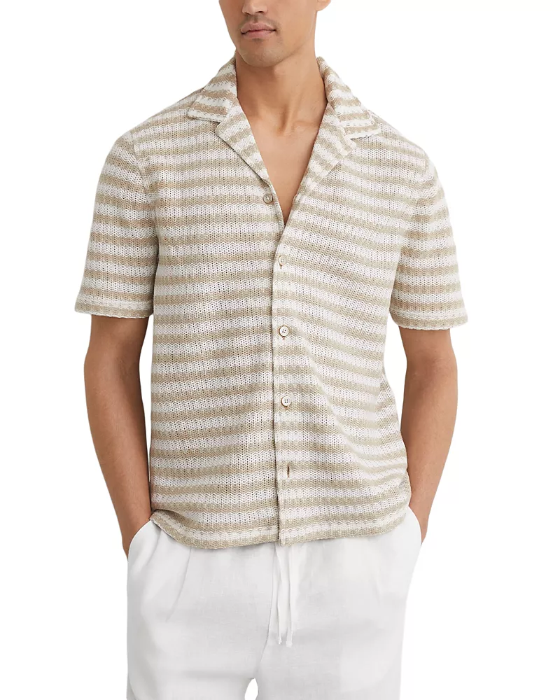 Reiss Island Stripe Crochet Cuban Collar Shirt