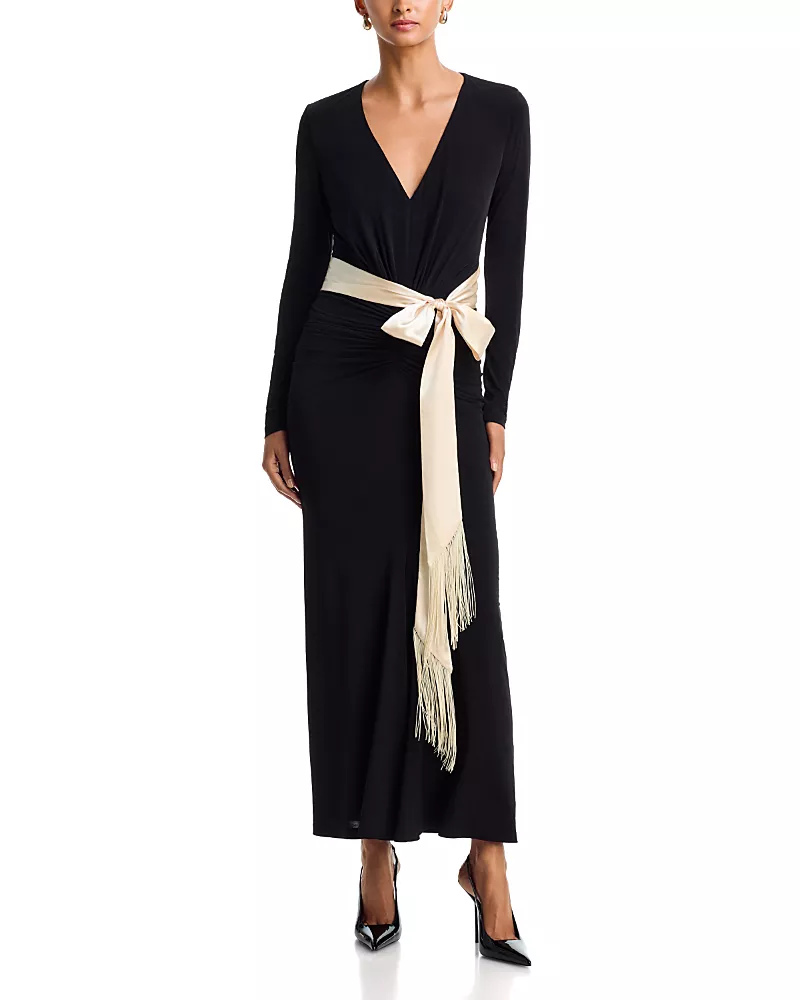 Aqua Satin Sash Ruched Maxi Dress - Exclusive