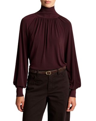 Rib Trim Long Sleeve Gathered Turtleneck Top