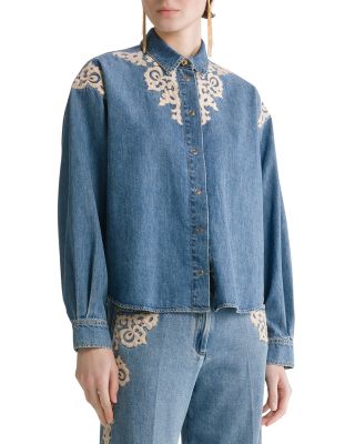 Indigo Twill Embroidered Boxy Denim Shirt in Celeste