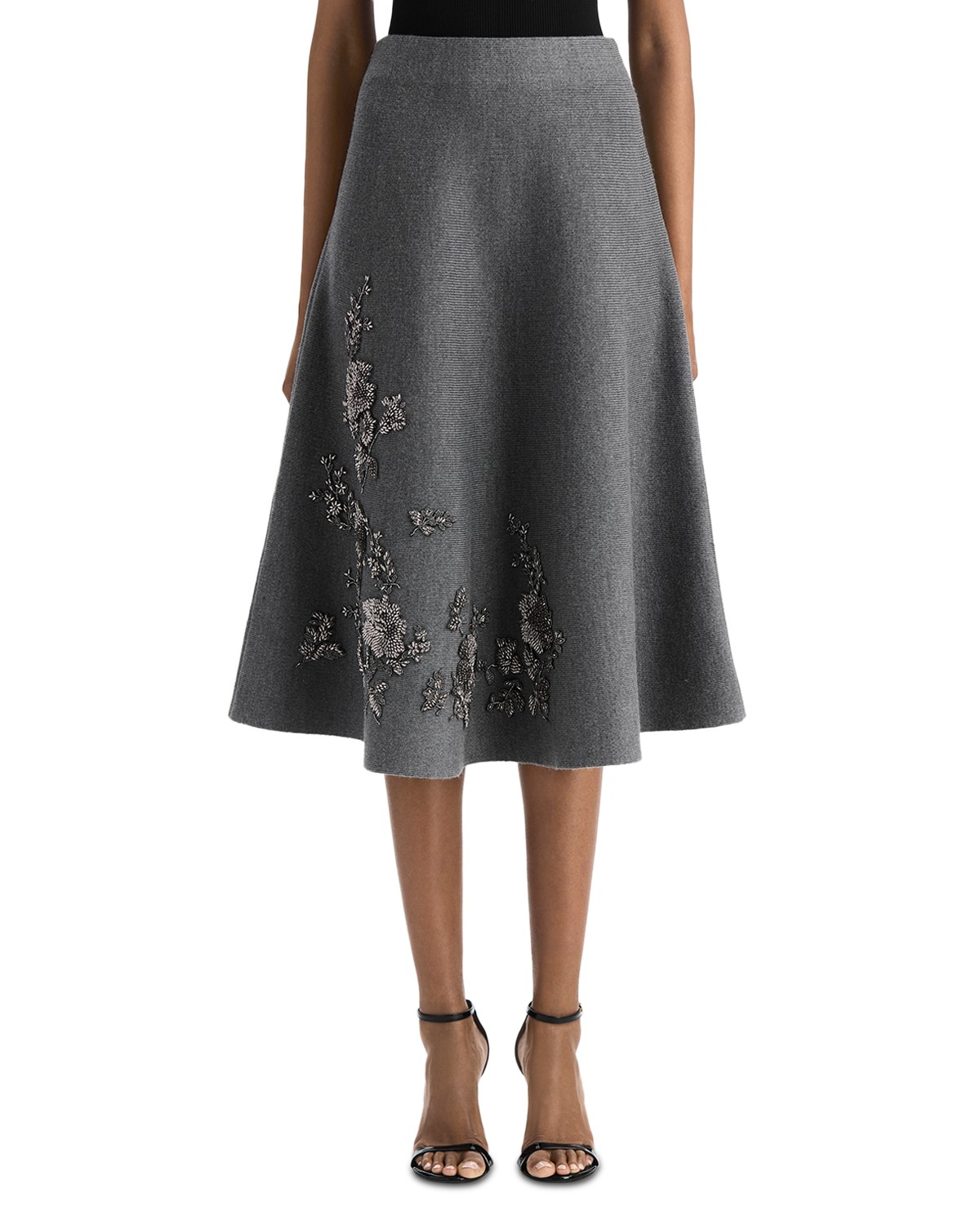 Oscar De La Renta Oscar de la Renta Wool Embellished Knit Skirt in Melange Grey
