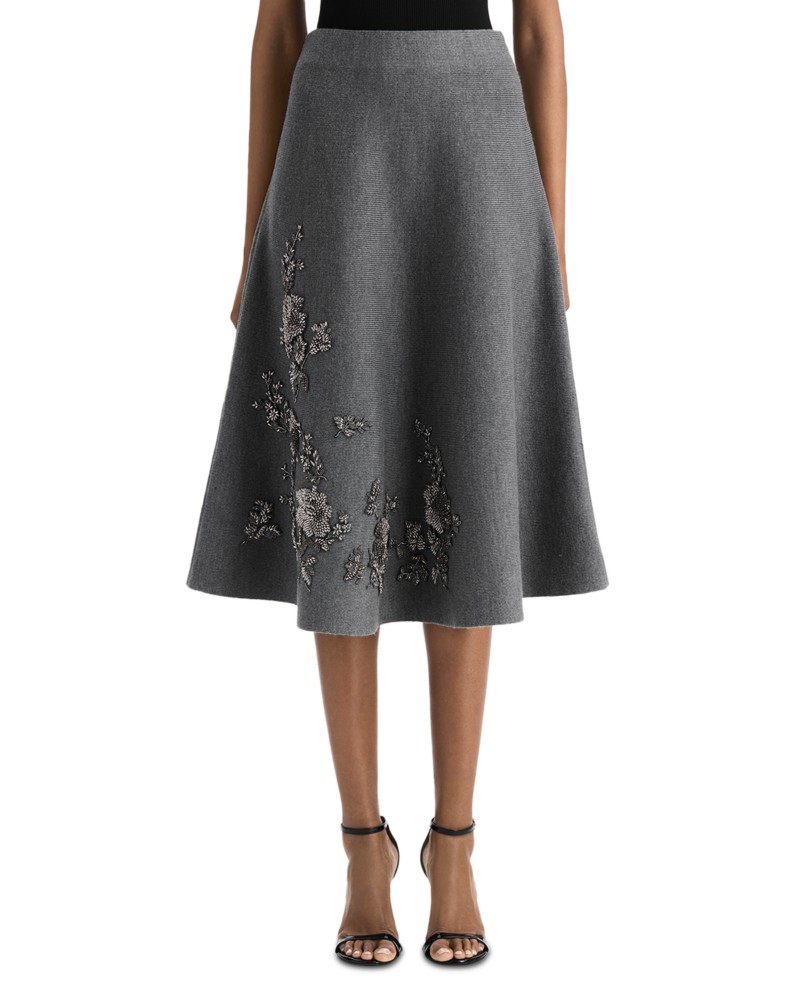 Oscar de la Renta Wool Embellished Knit Skirt in Melange Grey
