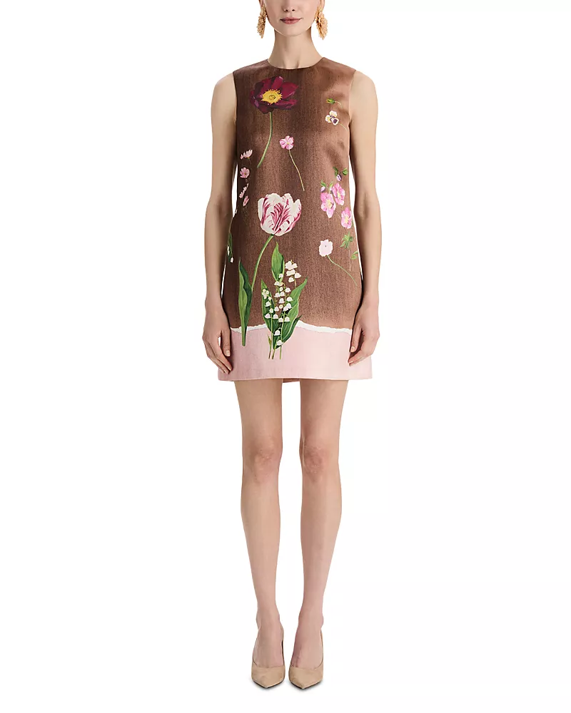 Oscar de la Renta Mixed Botanical Satin Dress