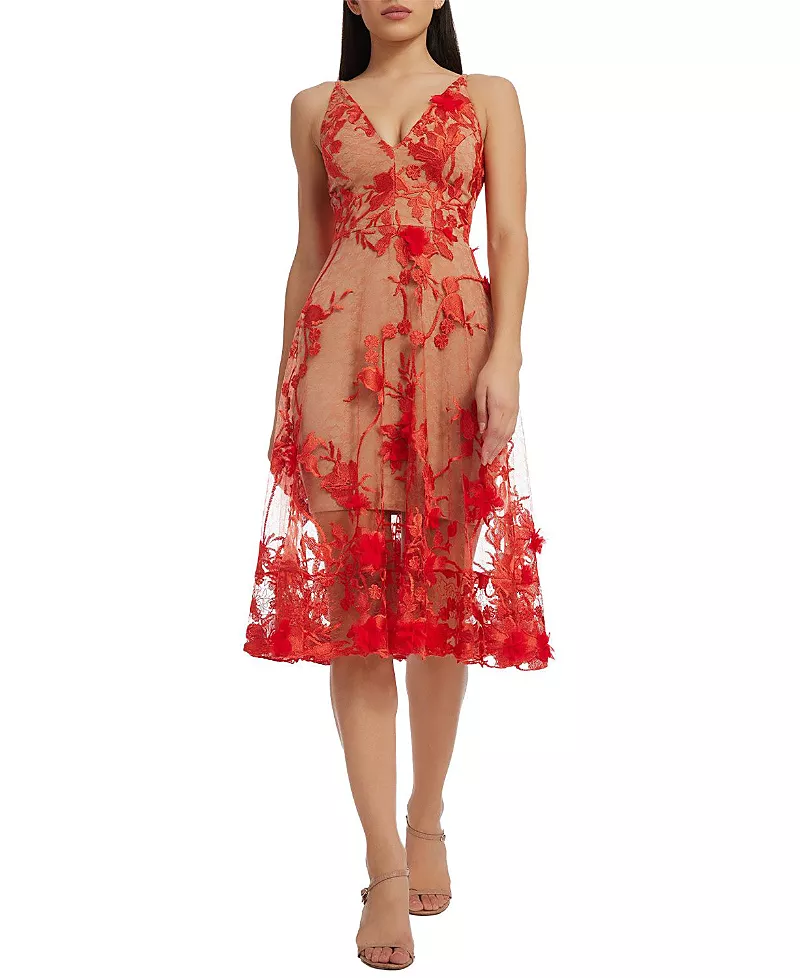 Dress the Population Audrey 3D Floral Embroidered V-Neck Dress