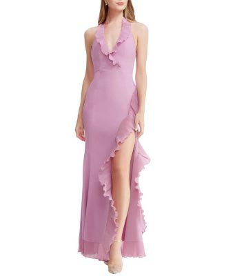  Kathleen Halter Plunge Ruffle Slit Gown
