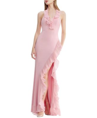  Kathleen Halter Plunge Ruffle Slit Gown