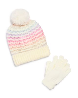 Girls' Birds Eye Heart Knit Cuff Beanie with Faux Fur Pom & Gloves Set - Little Kid, Big Kid