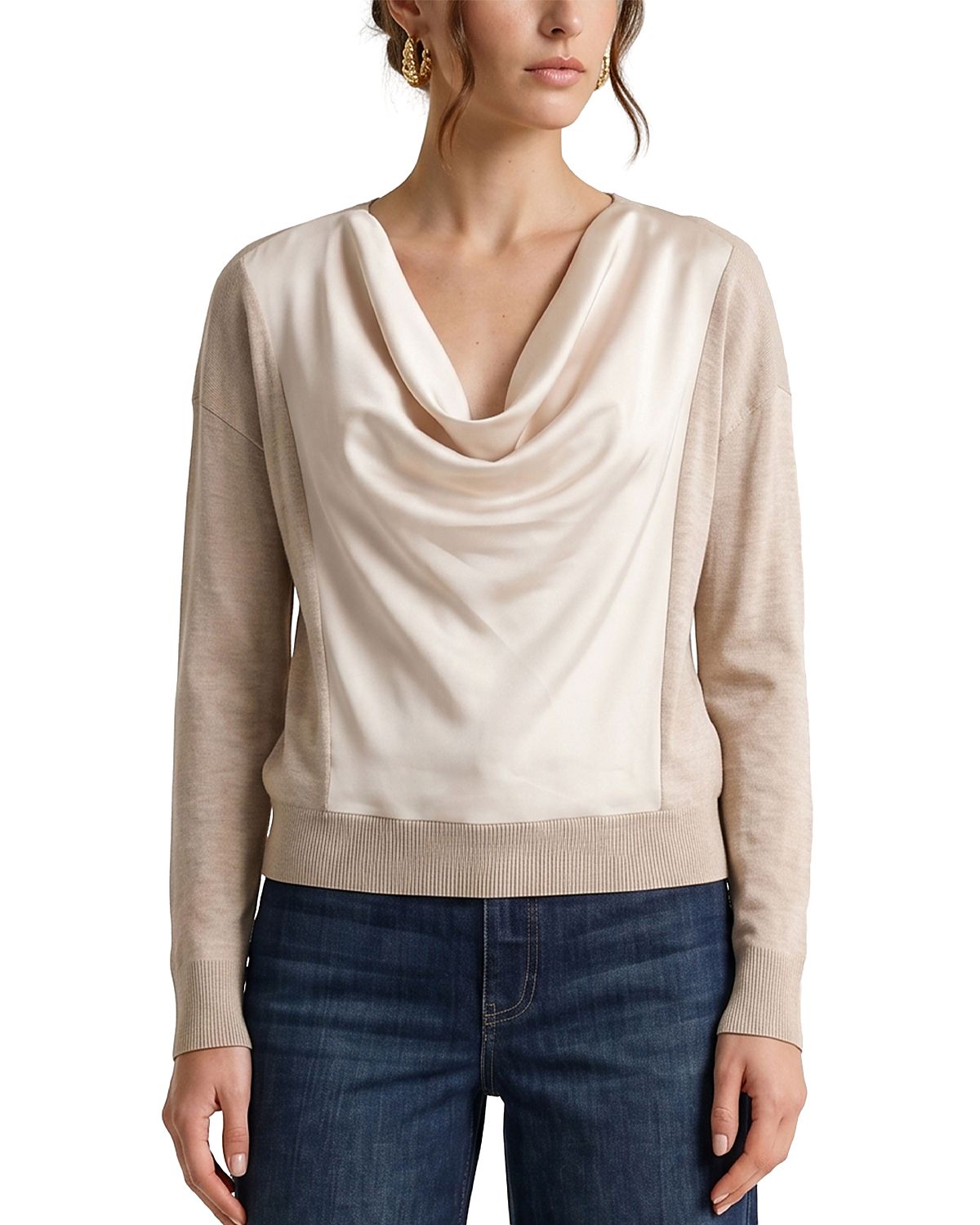 Liverpool Los Angeles Drape Neck Mixed Media Sweater