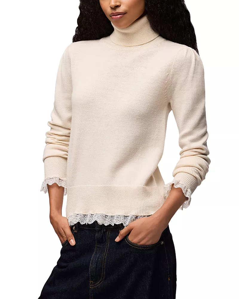 Ganni Lace Trim Merino Turtleneck Sweater