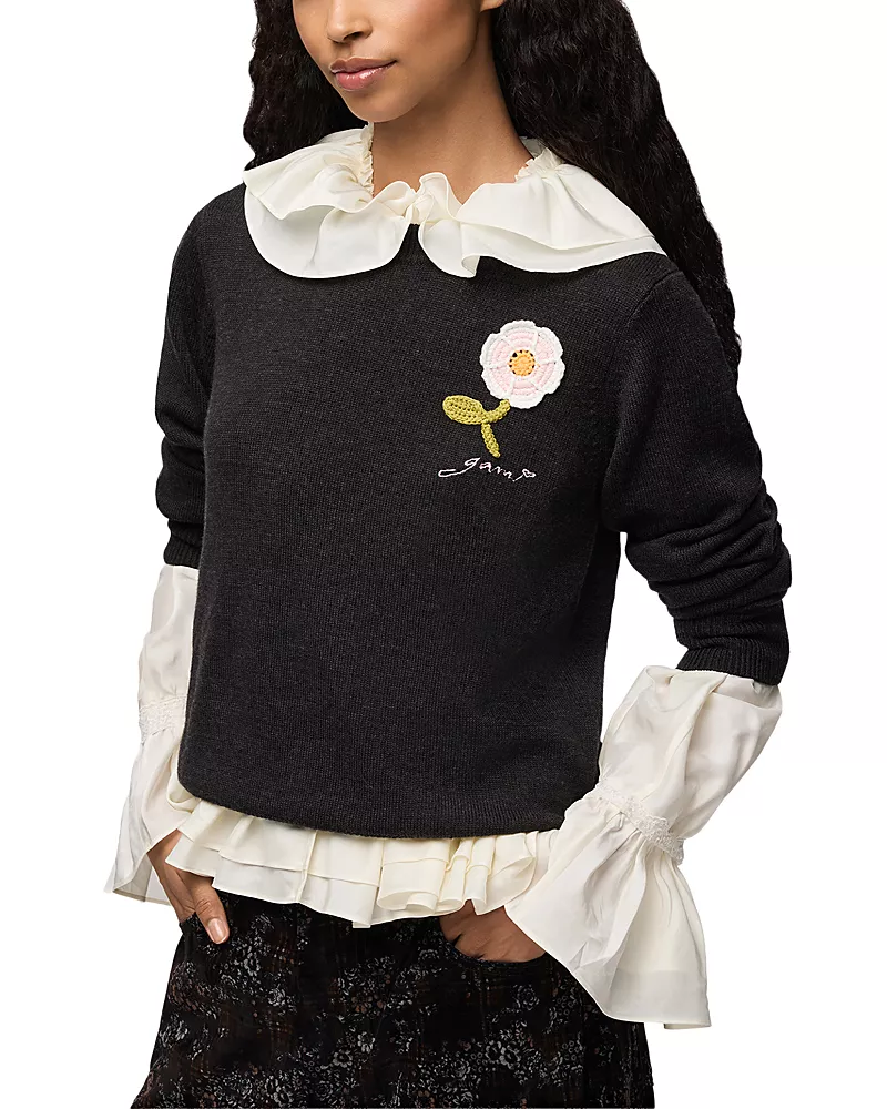 Ganni Crochet Applique Crewneck Sweater