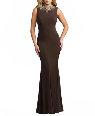  Sleeveless Rhinestone Embellished High Neck Gown