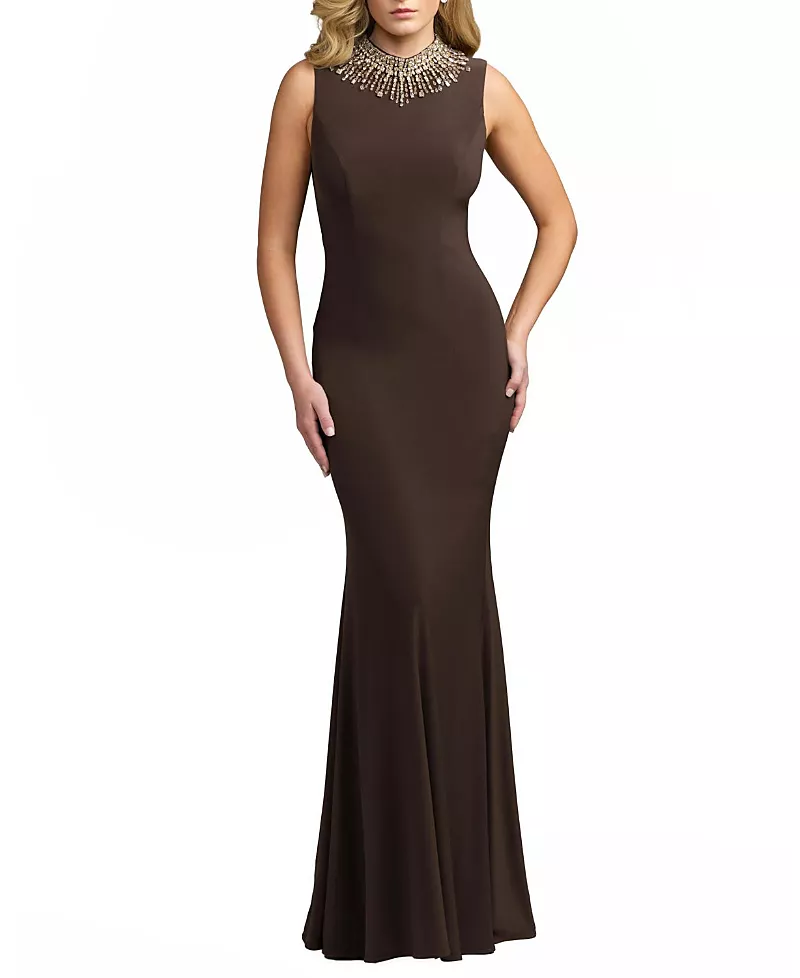 Mac Duggal Sleeveless Rhinestone Embellished High Neck Gown