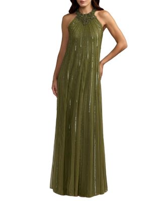  Sleeveless Halter Neck Embellished Trapeze Gown