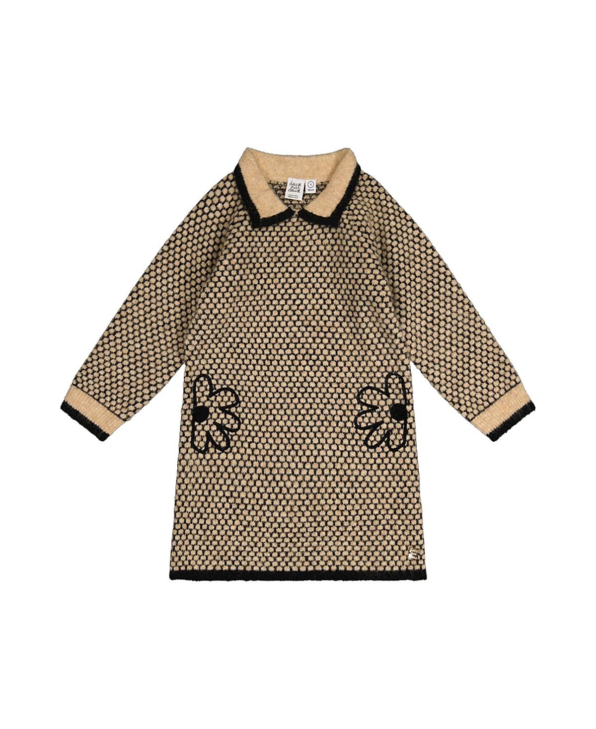 Deux par Deux Girls' Knit Collar Honeycomb Floral Embroidery Dress - Big Kid