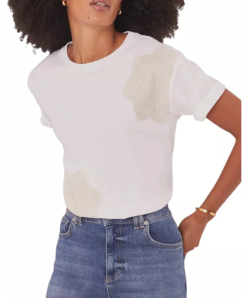Mint Velvet Women's Cotton Crochet Detail T-Shirt