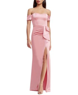  Gabrielle Off-the-Shoulder Satin Ruffle Gown
