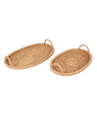  Decorative Handwoven Oval Seagrass & Rattan Trays with Handles, Set of 2 Sizes